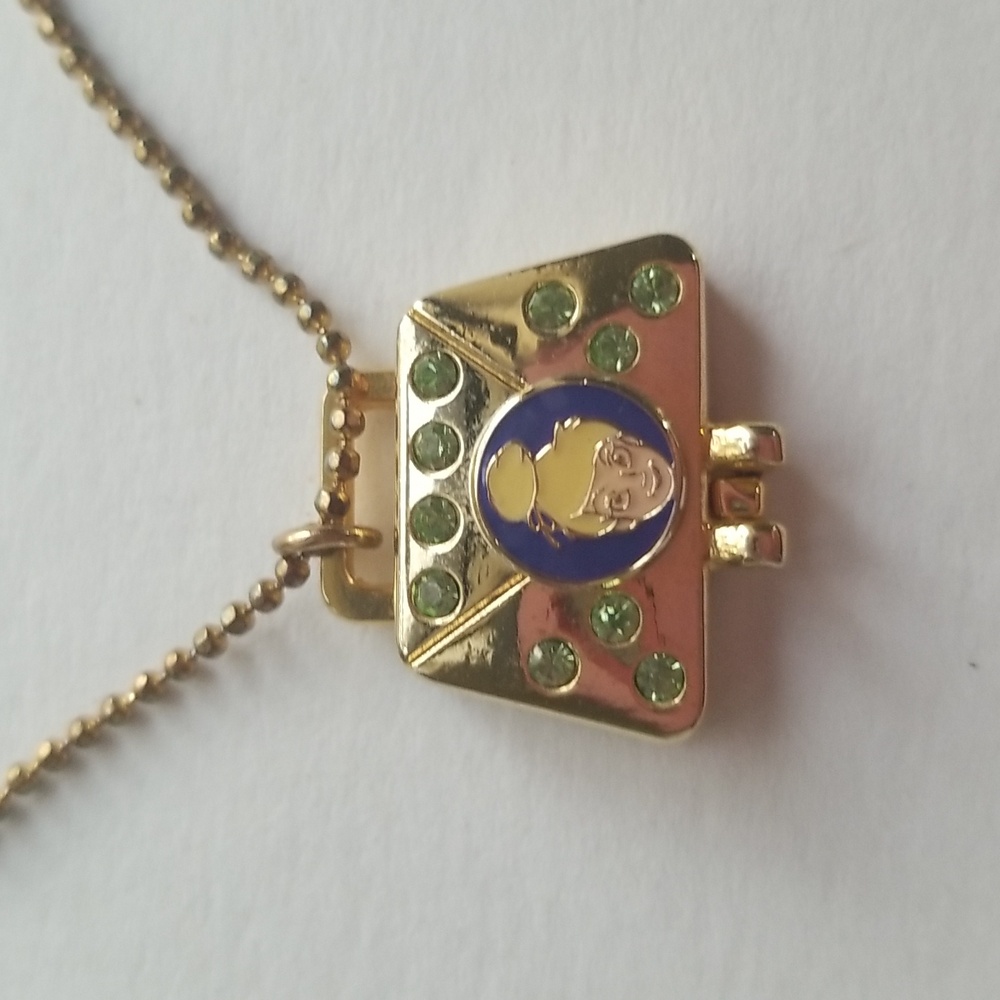 Disney Tinkerbell Envelope Green  Crystal Goldtone Magnetic Y2K Locket Necklace